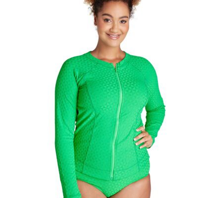 Aztec Jacquard Kelly Green Zip Front Long Sleeve Rash Top