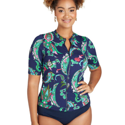 Paisley Pop Zip Front 3/4 Sleeve Rash Top