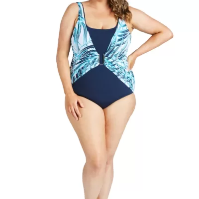 Tropical Palms Square Neck Wrap One Piece Swimsuit