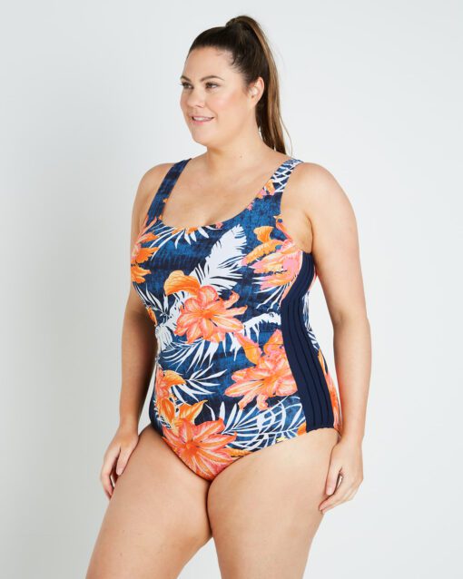 Coral Palms Pin Tuck Panel One Piece Swimsuit