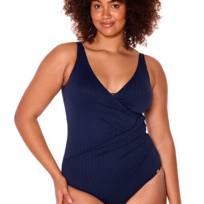 Chevron Jacquard Navy Front Wrap One Piece Swimsuit