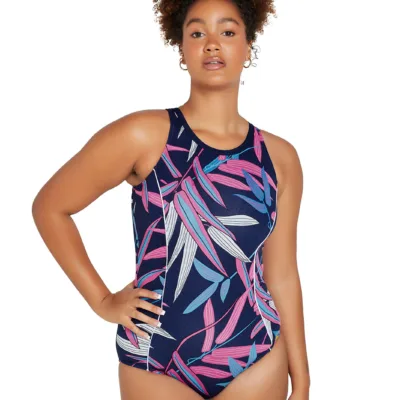 Vintage Palms High Neck Racer One Piece Swimsuit front