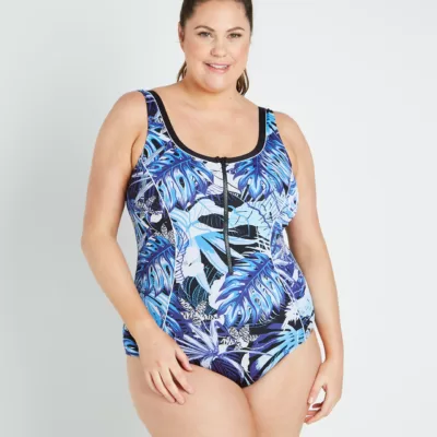 Black Palms One Piece Zip Front Swimsuit