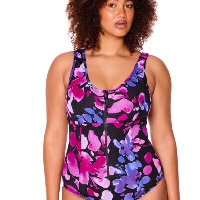 Paper Flowers Structured Zip Up One Piece Swimsuit [front]