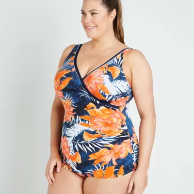 Coral Palms Cross Over Sheath One Piece Swimsuit