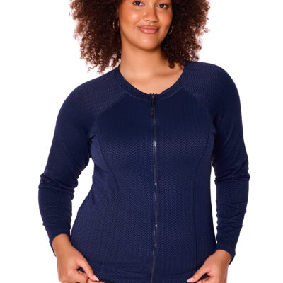 Chevron Jacquard Navy Zip Front Long Sleeve Rash Top