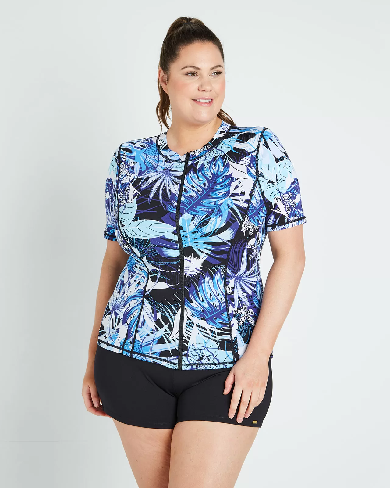 Black Palms Zip Front 3/4 Sleeve Rash Top