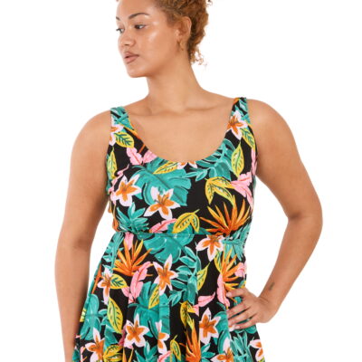 Painted Tropical Asymmetrical Hem Tankini Top