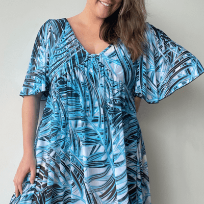 Tropical Palms Mesh Bell Sleeve Dress